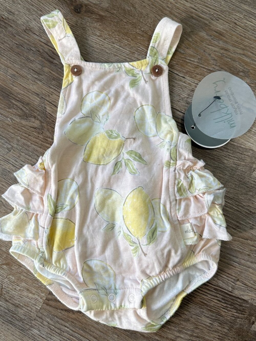 NWT Milkberry Baby Girl 0-3 Months Bubble Romper Yellow Lemon Bamboo Ruffle